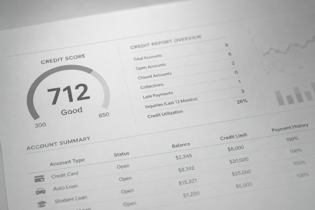 Grayscale credit report image showing score categories, inquiries, utilization, balances, collections, and account information related to credit report confusion.